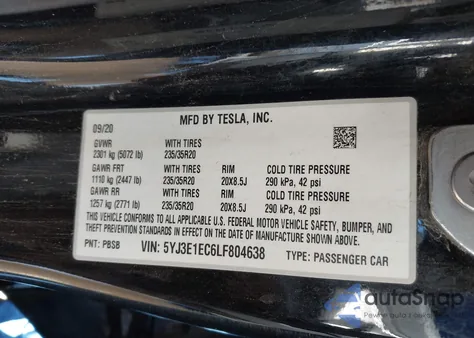 2020 Tesla Model 3 Performance Dual Motor All-Wheel Drive from USA, damaged, VIN 5YJ3E1EC6LF804638